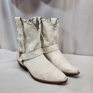 Women's 6 White Leather Braided Short Ankle Western Cowboy Boots Vintage